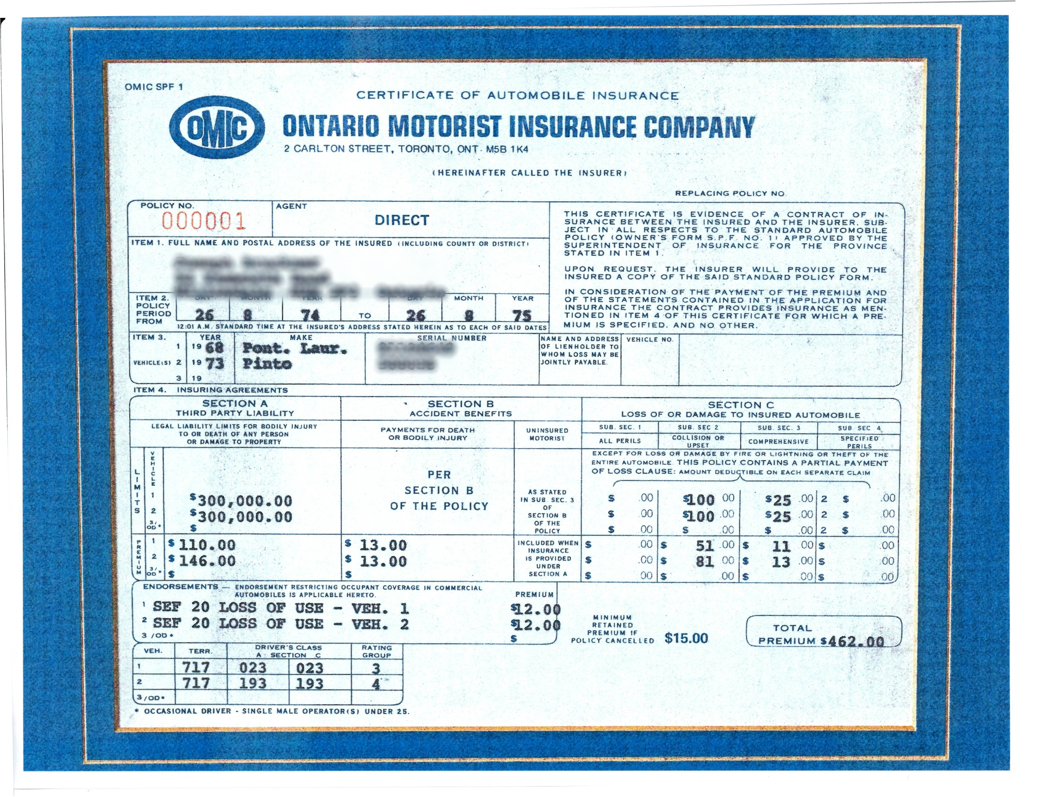 An image of an automobile insurance document of the first policy ever sold by CAA Insurance in 1974.