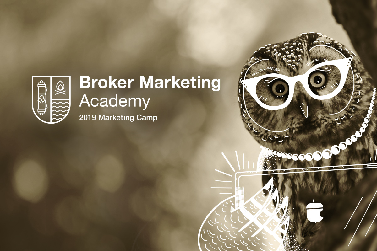 An owl next to a tree, with hand-drawn illustration over top of women's glasses, a pearl necklace and the owl's arm holding a tablet. Image Caption: "Broker Marketing Academy, 2019 Marketing Camp"