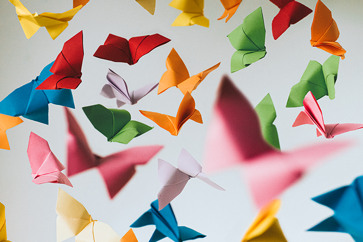 Numerous paper butterflies of various bright colours fluttering in the air.