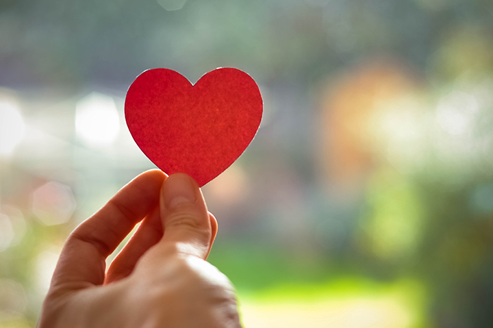 A hand holding a cut out red heart with a sunny background behind