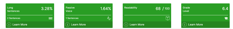 A series of windows from the Visible Thread app, showing results in terms of readability, etc.