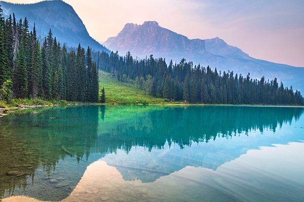 A beautiful mountain scape with a forest below and a lake, with the mountains and forest reflecting in the lake.
