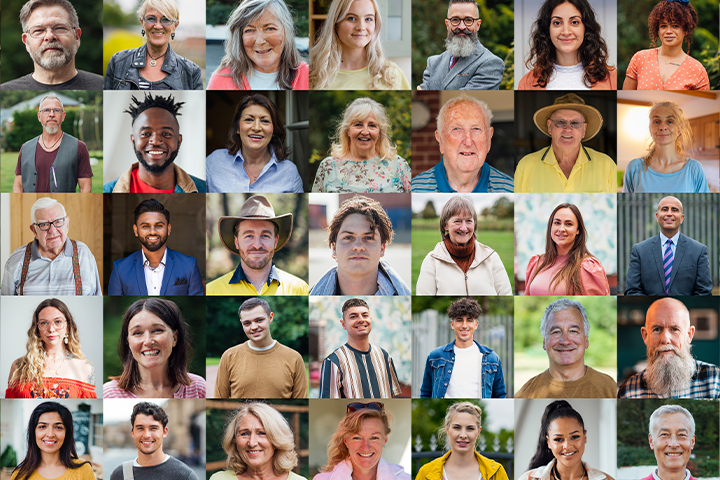 A collage of 35 different people looking at the camera, with various backgrounds, expressions, ages and ethnicities. 