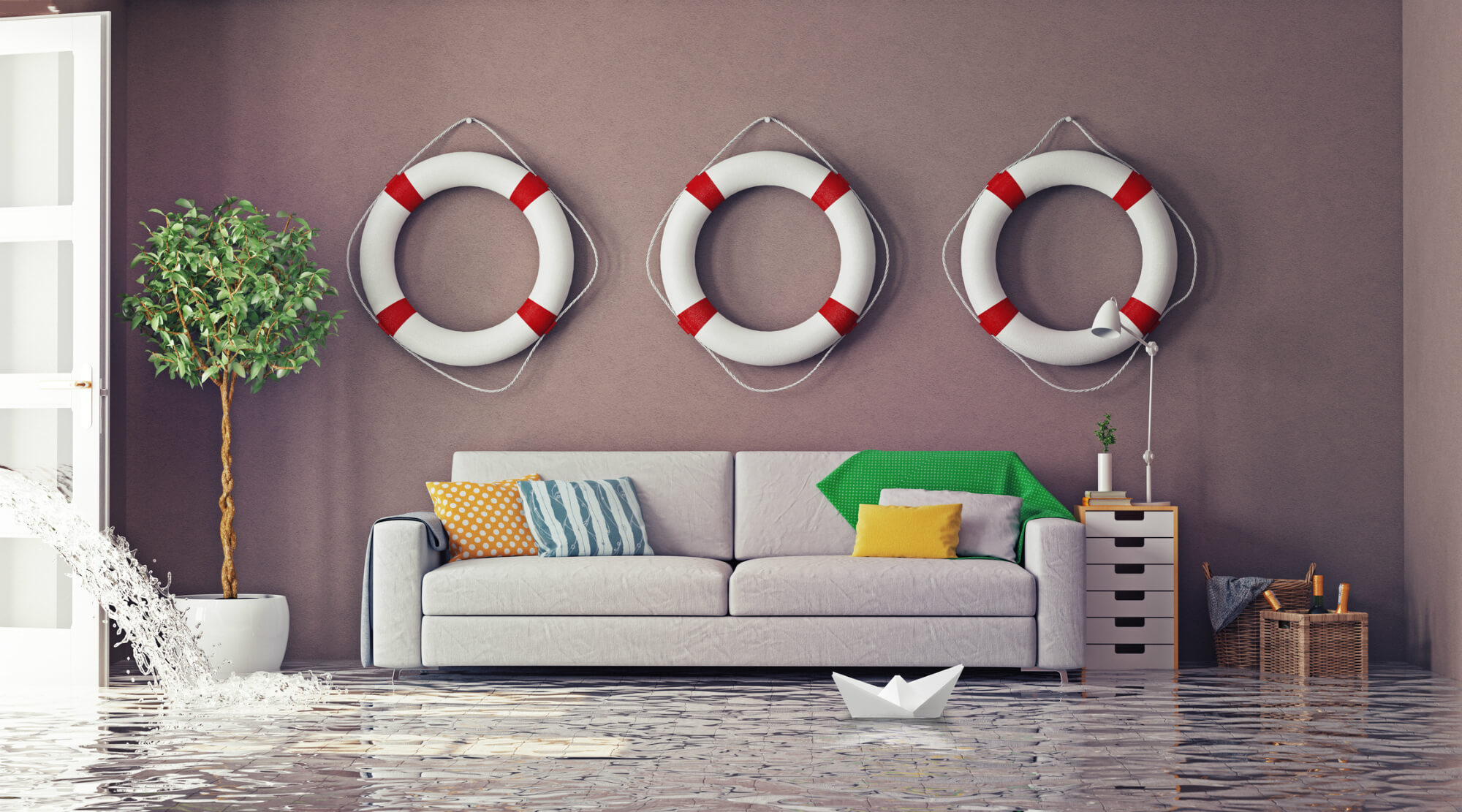 A flooded living room with life preservers on the wall and a floating paper boat