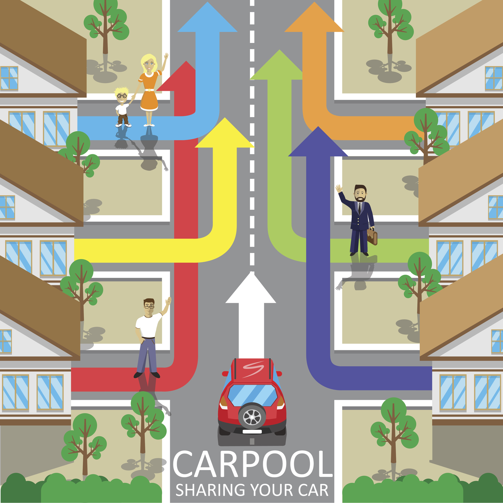 Illustration of a red car driving down a residential street with people standing in front of three different houses hailing a ride.